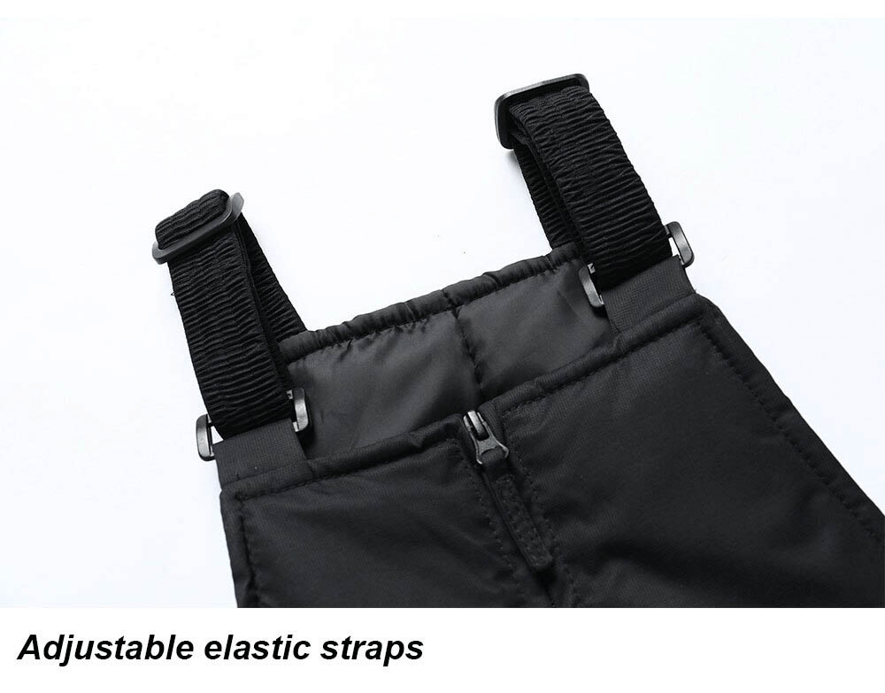 Male warm snow pants with adjustable elastic straps, featuring a zipper design for comfort and fit, ideal for winter sports adventures.