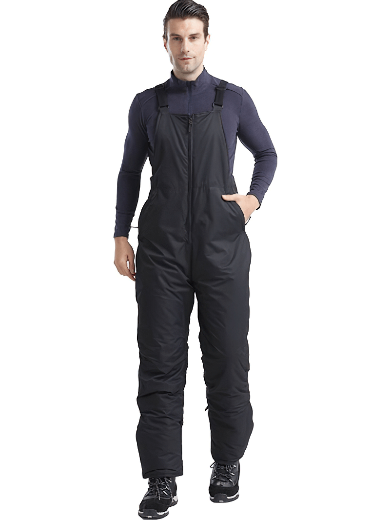 Male model wearing warm zipper snow pants with adjustable straps, perfect for winter sports like skiing and hiking.