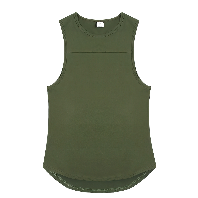 Army green male workout cotton tank top, ideal for sports like gym, boxing, and running, featuring an o-neck and slim fit design.