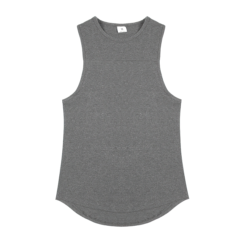Gray male workout tank top for gym, running, and sports. Cotton, slim fit design with o-neck for comfort and style. Fitness wear.