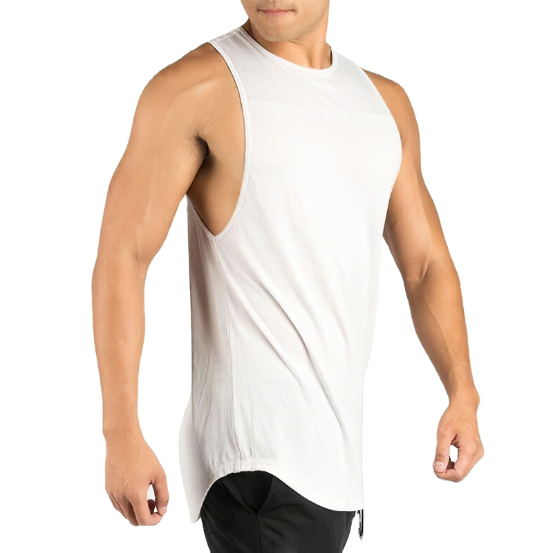 Male wearing white workout cotton tank top, ideal for gym or sports, featuring o-neck and slim fit design for performance.