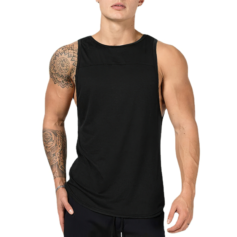 Black male workout tank top in breathable cotton, perfect for gym and sports. Features solid color and o-neck design for maximum comfort.