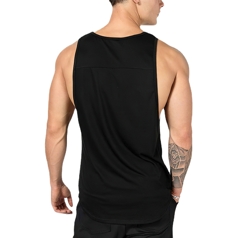Male athlete in black cotton workout tank top, showcasing gym-ready fit, perfect for sports like running, weightlifting, and basketball.