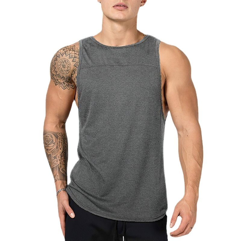 Gray cotton tank top for men, perfect for gym and sports. Features a slim fit, breathable fabric, and o-neck collar for comfort.