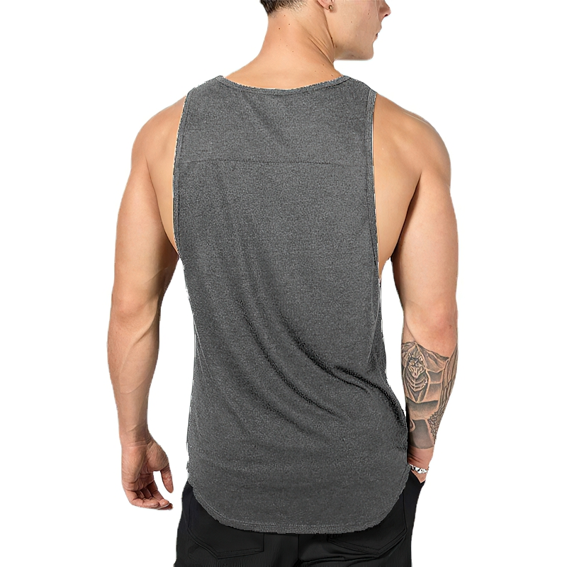Back view of a male wearing a gray cotton tank top, perfect for workouts in the gym or sports activities like basketball and running.