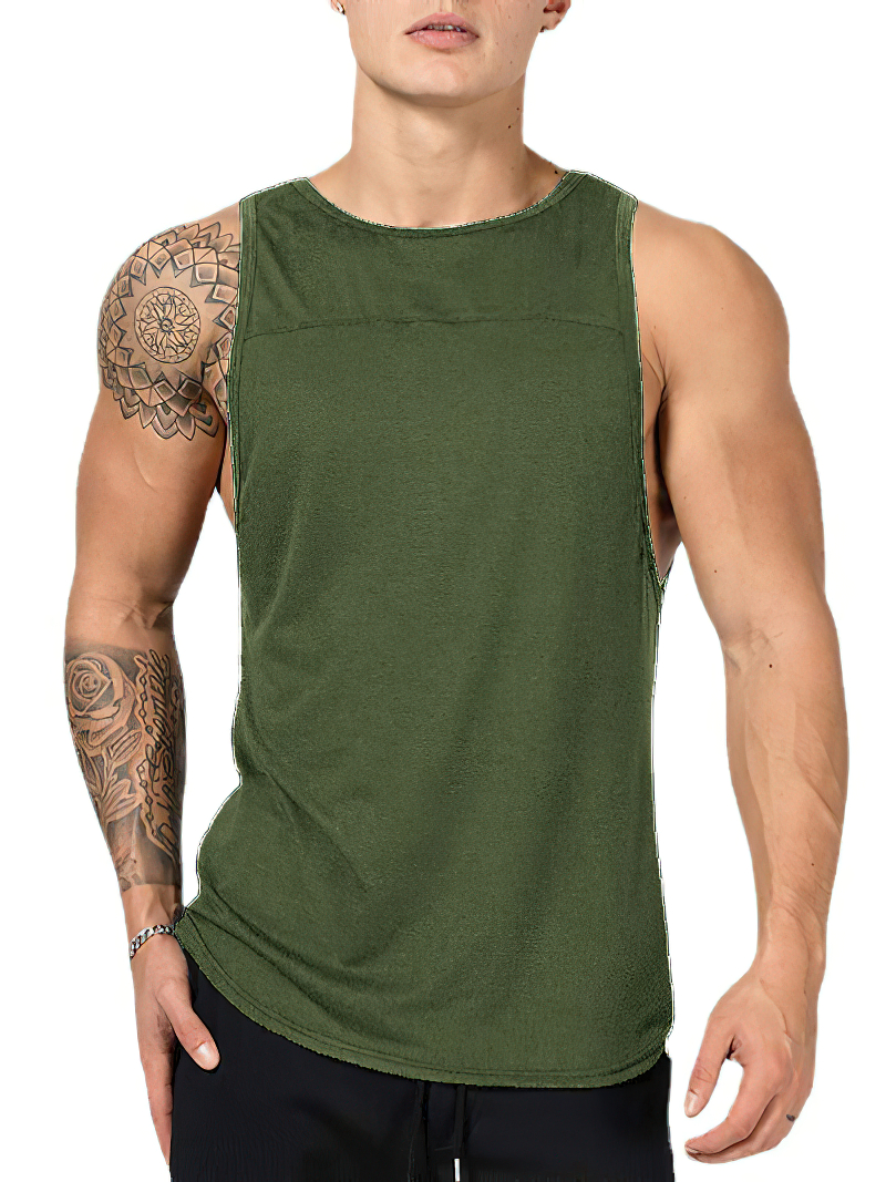 Male athlete in army green cotton tank top, perfect for gym, boxing, and more. Features o-neck collar and slim fit. SF0681 sportswear.