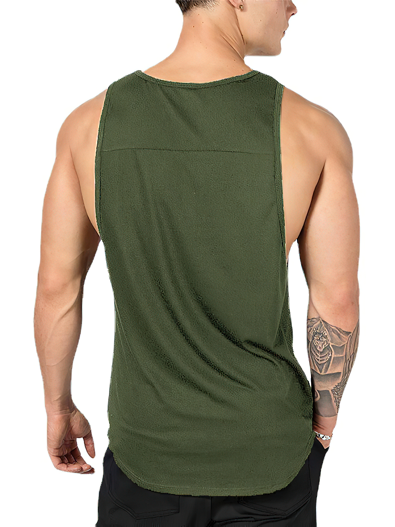 Man wearing army green workout tank top, perfect for gym and sports, slim fit with o-neck, back view.
