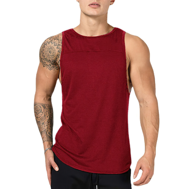 Burgundy male workout tank top, slim fit, breathable cotton sportswear for gym, boxing, running, and fitness. SF0681 model.