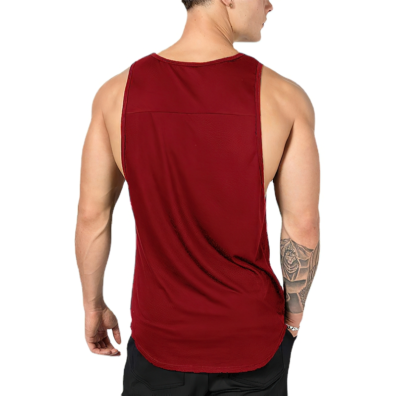 Back view of male in burgundy fitness tank top, perfect for gym and sports. Comfortable and stylish athletic wear.