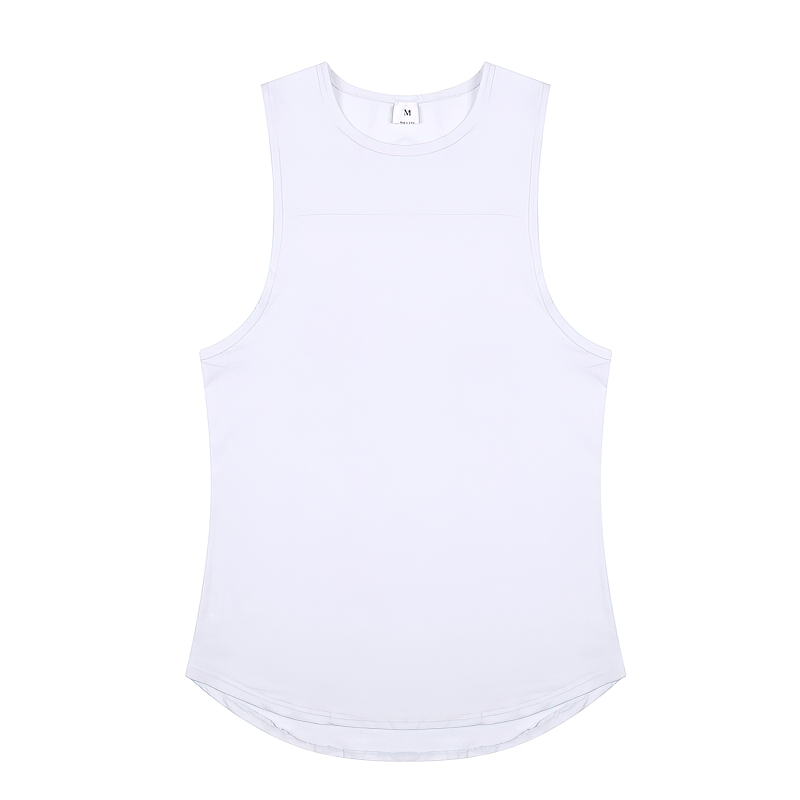 White cotton workout tank top for men, perfect for fitness and sports activities, featuring a slim fit and breathable fabric.