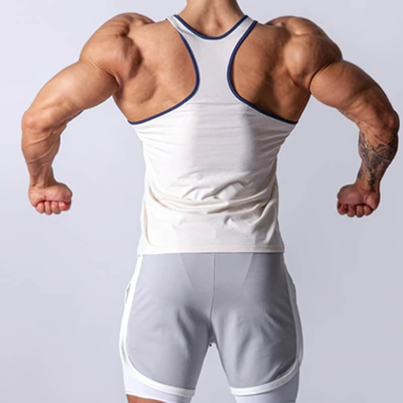 Male wearing white workout cotton tank top, showcasing back muscles, fitness attire, sports clothing - SF1107