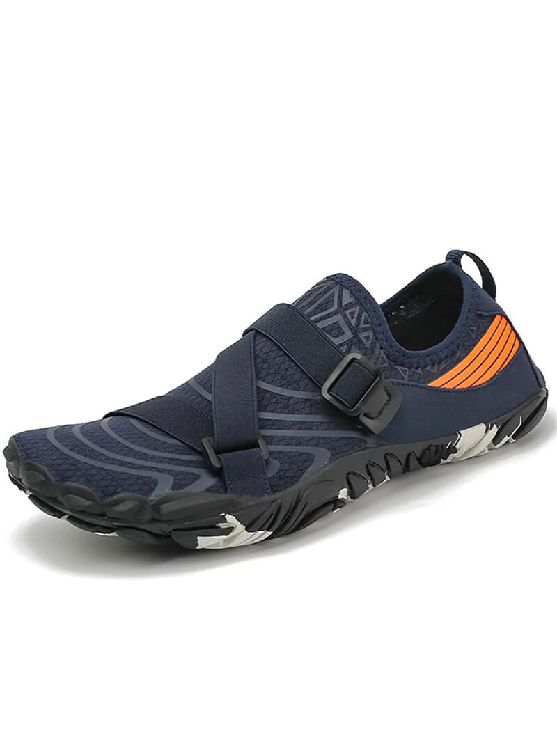 Breathable elastic water shoe for men and women in navy with orange accents, ideal for surfing and various water sports.