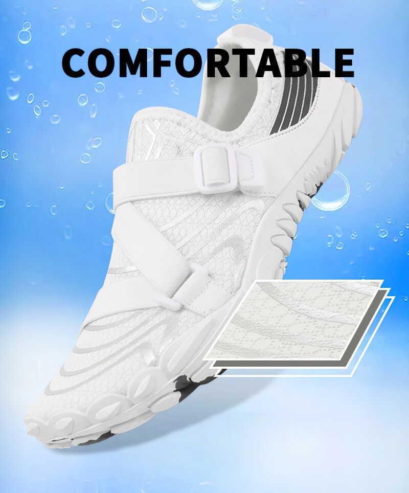 Breathable elastic water shoe for surfing and water sports with slip-on closure and synthetic materials, shown in white.