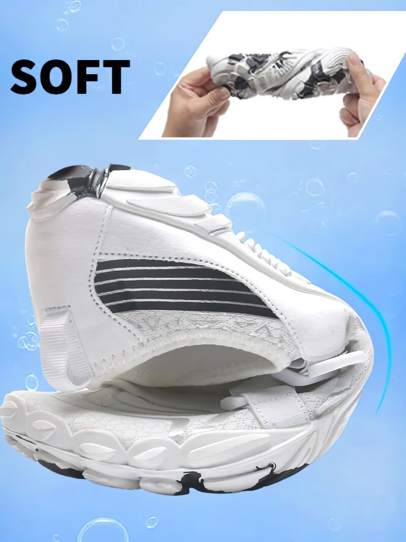 Soft, foldable white elastic water shoes for surfing with breathable design, ideal for sports and beach activities.