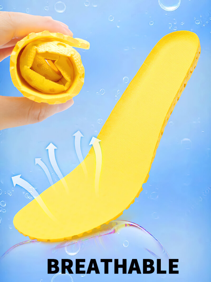 Yellow breathable elastic water shoe sole with air flow design for comfort shown against a blue background.