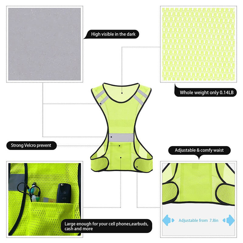 Unisex reflective vest with high visibility features, including adjustable waist, Velcro pockets, and lightweight design.
