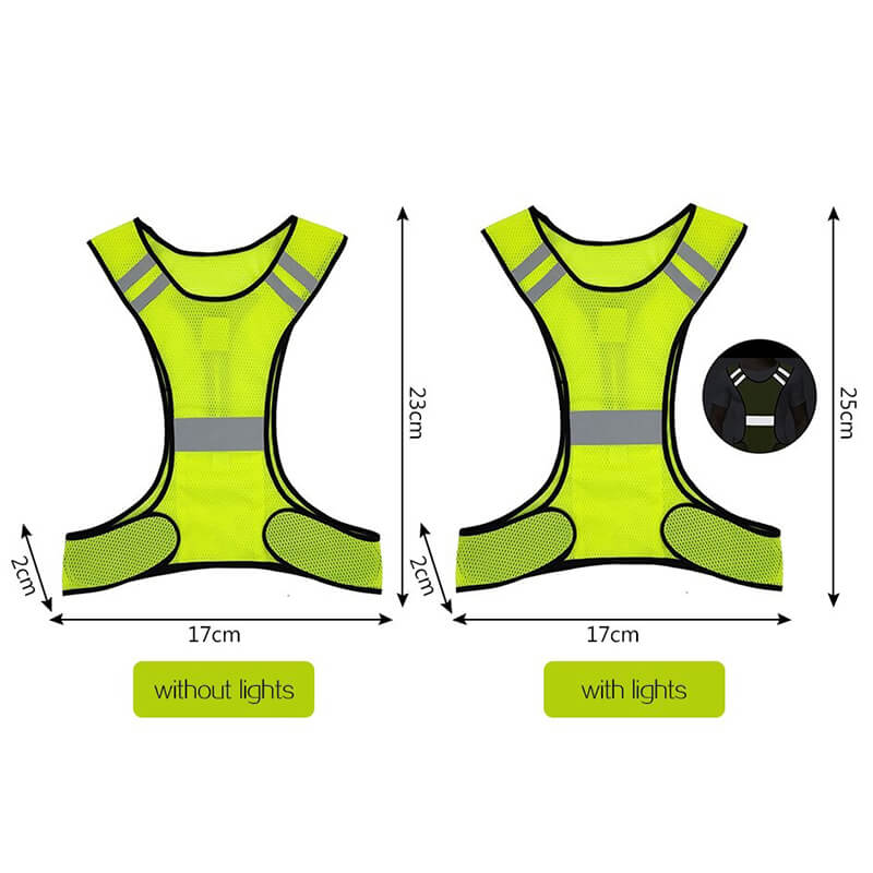 Men's and Women's reflective vest for high visibility at night, shown in yellow with and without lights, dimensions included.