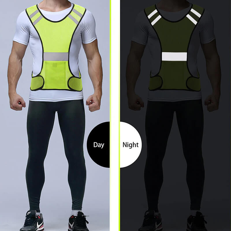 Model wearing reflective vest for high visibility, shown in day and night settings, available in orange, pink, and yellow.