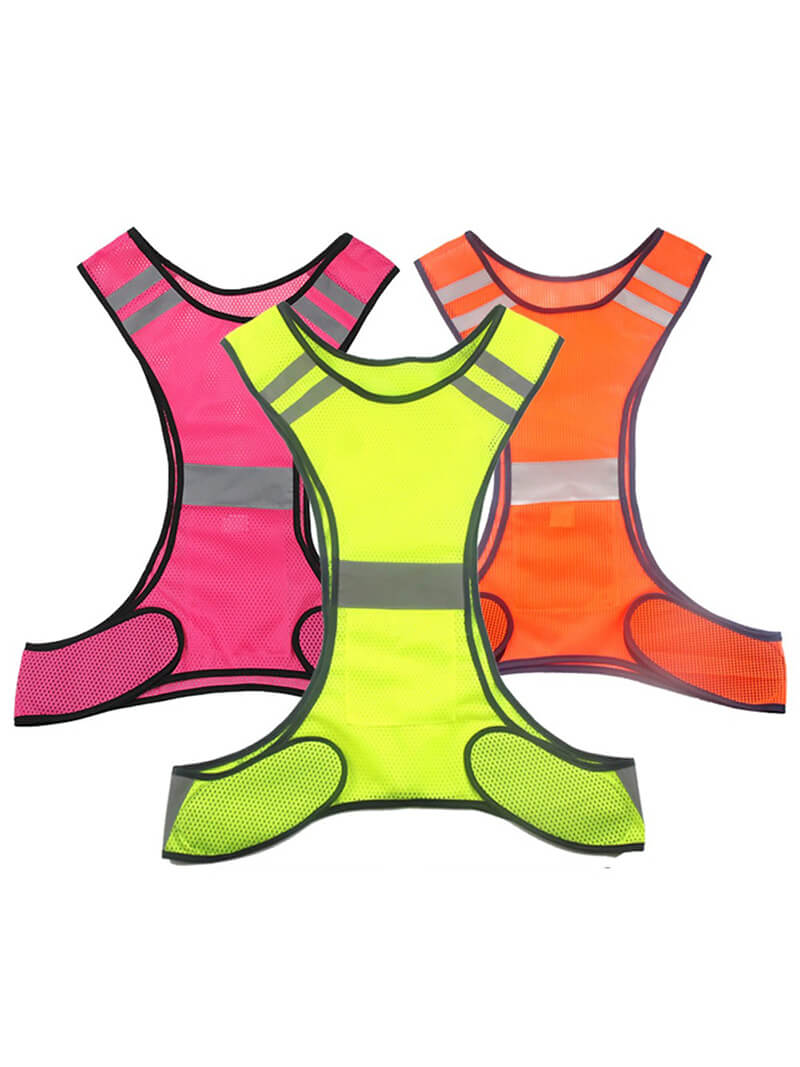 Unisex reflective vests in pink, yellow, and orange for high visibility at night, made from lightweight, breathable fabric.