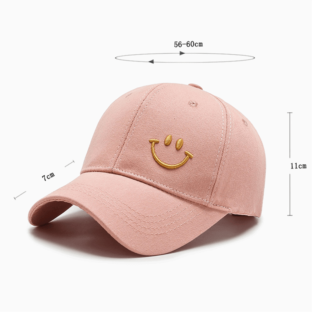 Pink unisex baseball cap with smile print, adjustable strap, UPF 50+ sunscreen protection. Casual style, perfect for summer.