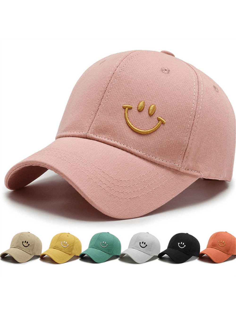 Unisex pink baseball cap with smile print, UPF 50+ sunscreen protection, adjustable strap; available in 7 colors for casual summer style.