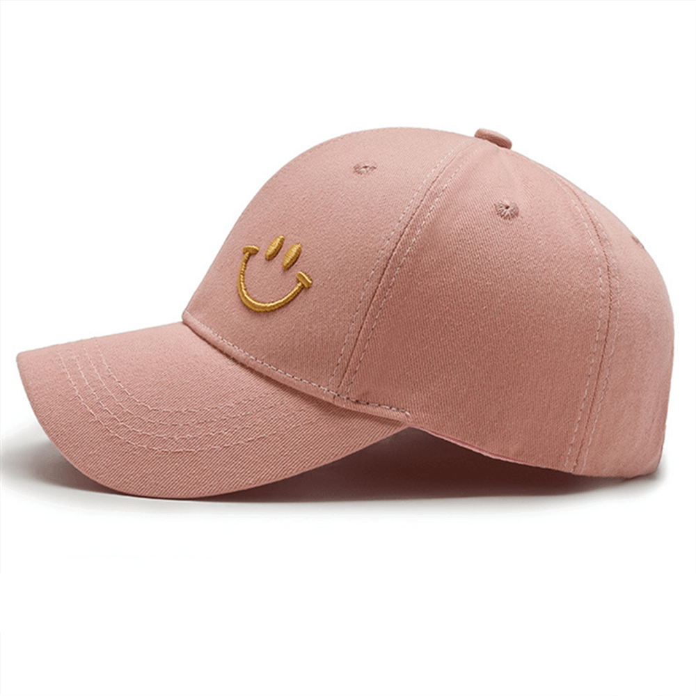 Unisex pink baseball cap with smiley face print, UPF 50+ sun protection, perfect for summer. Casual style adjustable strap SF0819.
