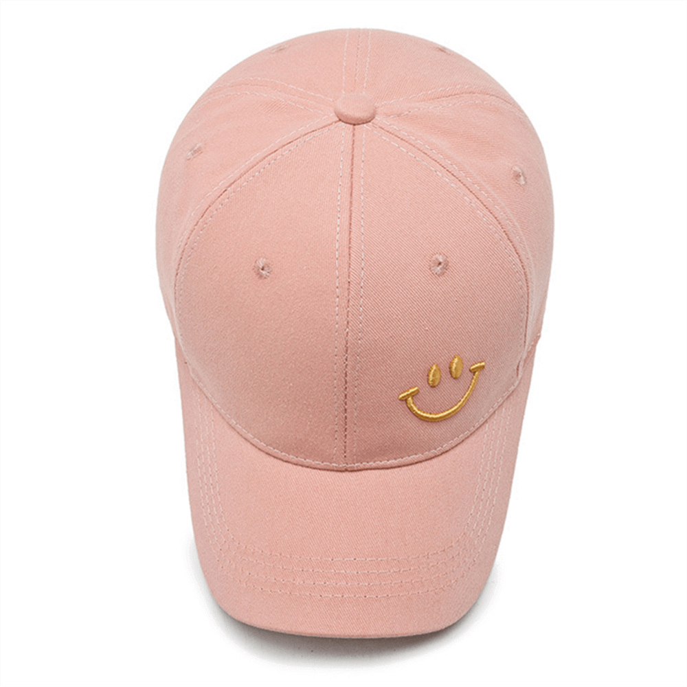 Men's & Women's Sunscreen Baseball Cap SF0819 with Smile Print, UPF 50+, unisex casual style, pink cotton with adjustable strap.