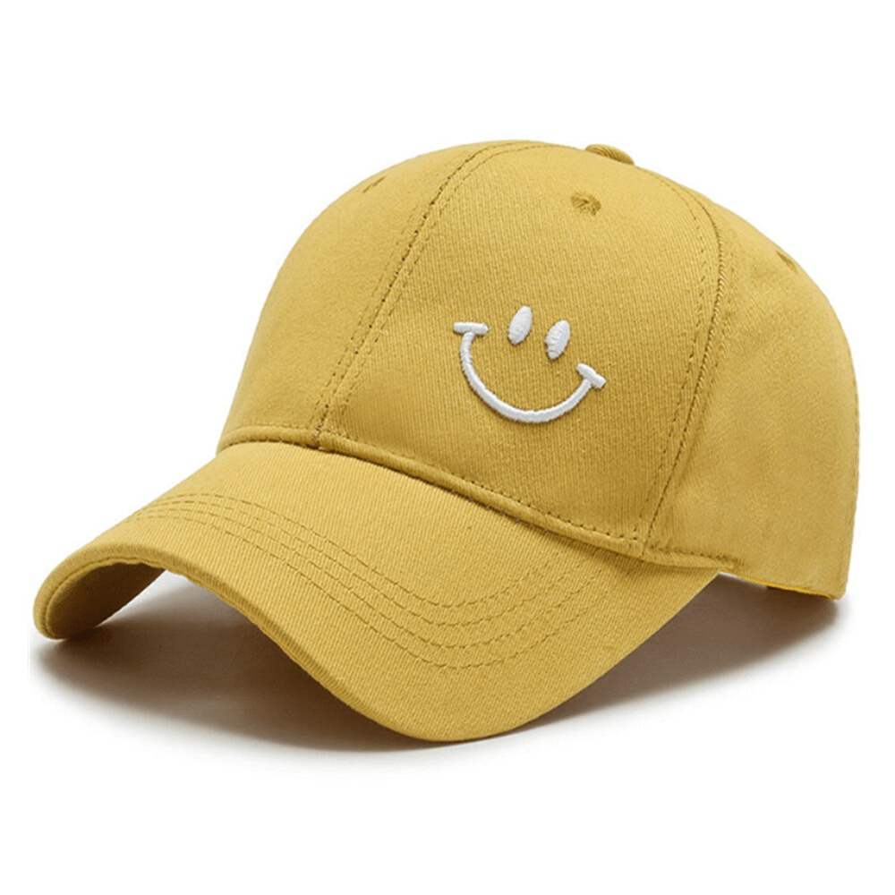 Yellow unisex sunscreen baseball cap with a smile print, cotton fabric, UPF 50+ protection, perfect for summer, adjustable strap, casual style.