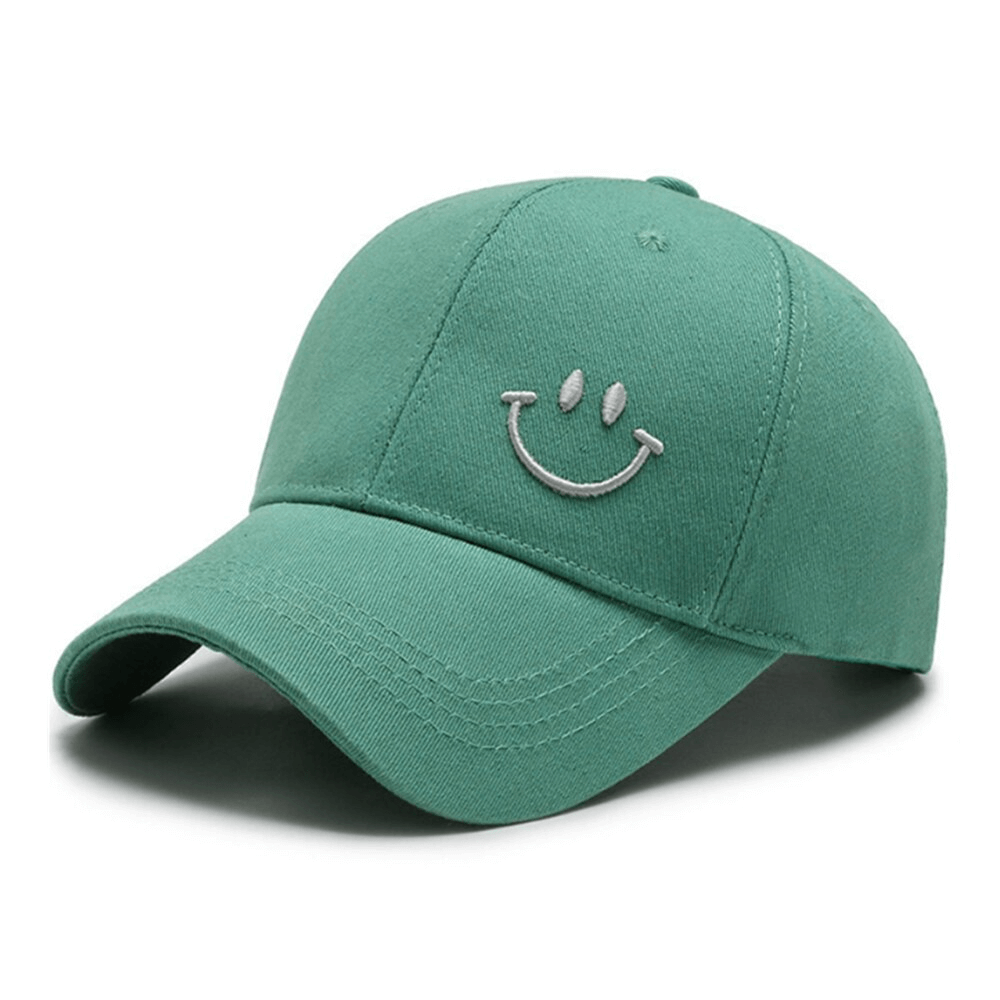 Green unisex baseball cap with smile print, offering UPF 50+ sunscreen protection. Casual style, adjustable strap, perfect for summer.