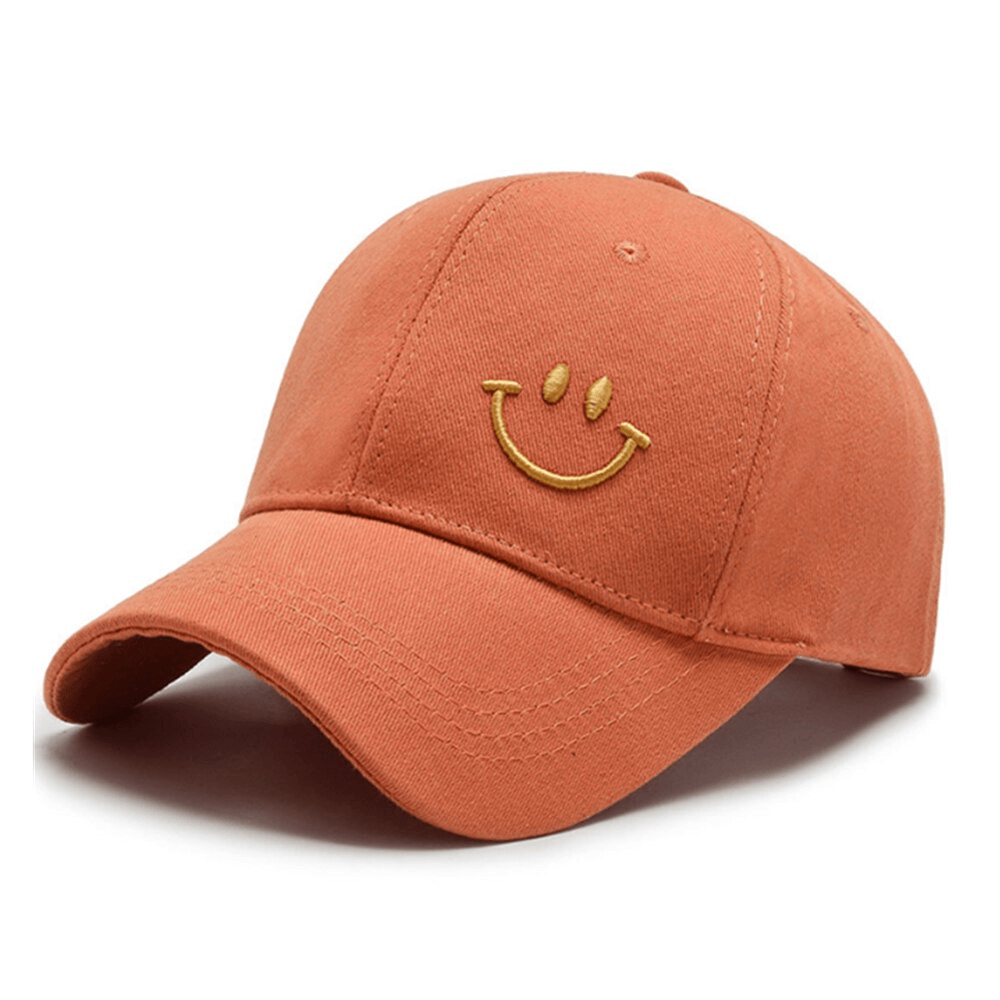 Unisex sunscreen baseball cap with smile print offering UPF 50+ protection, adjustable strap, and casual style in vibrant orange.