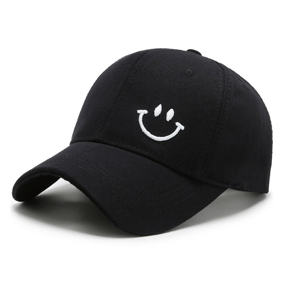 Unisex sunscreen baseball cap with smile print, UPF 50+, adjustable strap, casual style, perfect for summer sun protection.