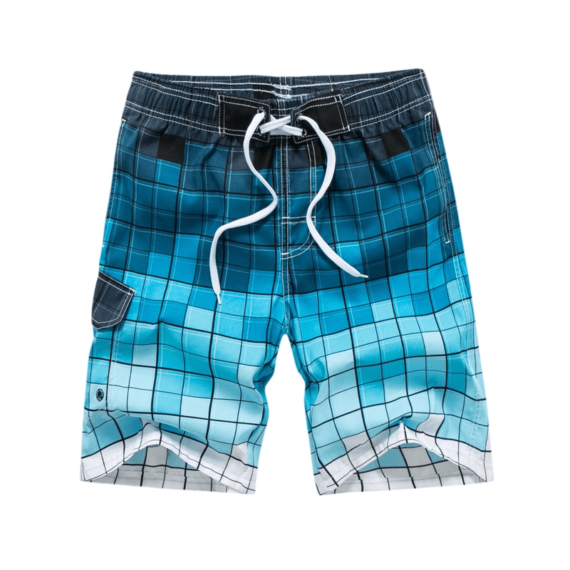 Men's quick dry beach swimming shorts with side pocket in blue gradient plaid, perfect for comfort and style at the beach.