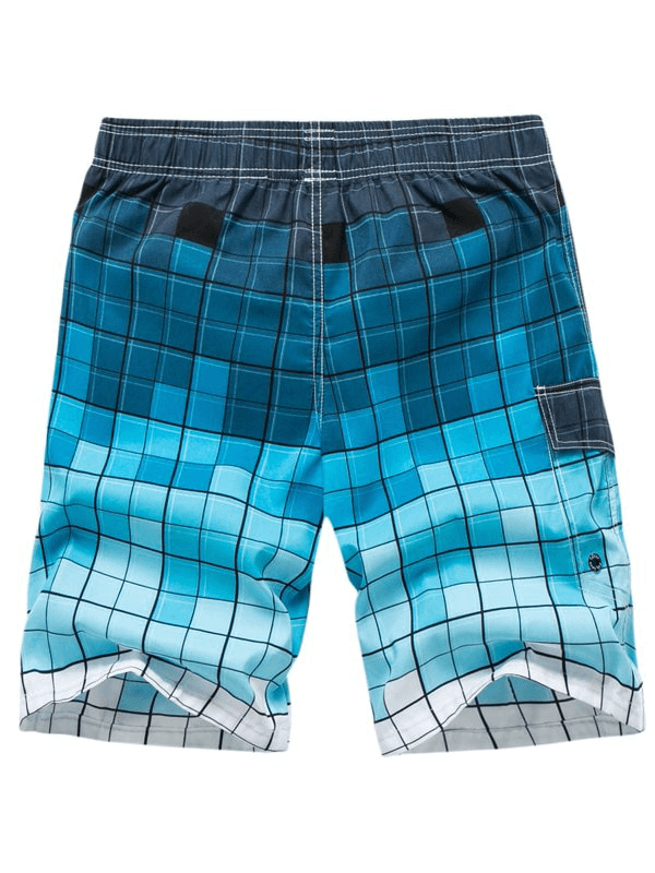 Men's quick dry blue plaid beach swimming shorts with side pocket, breathable polyester material. Style SF0860.