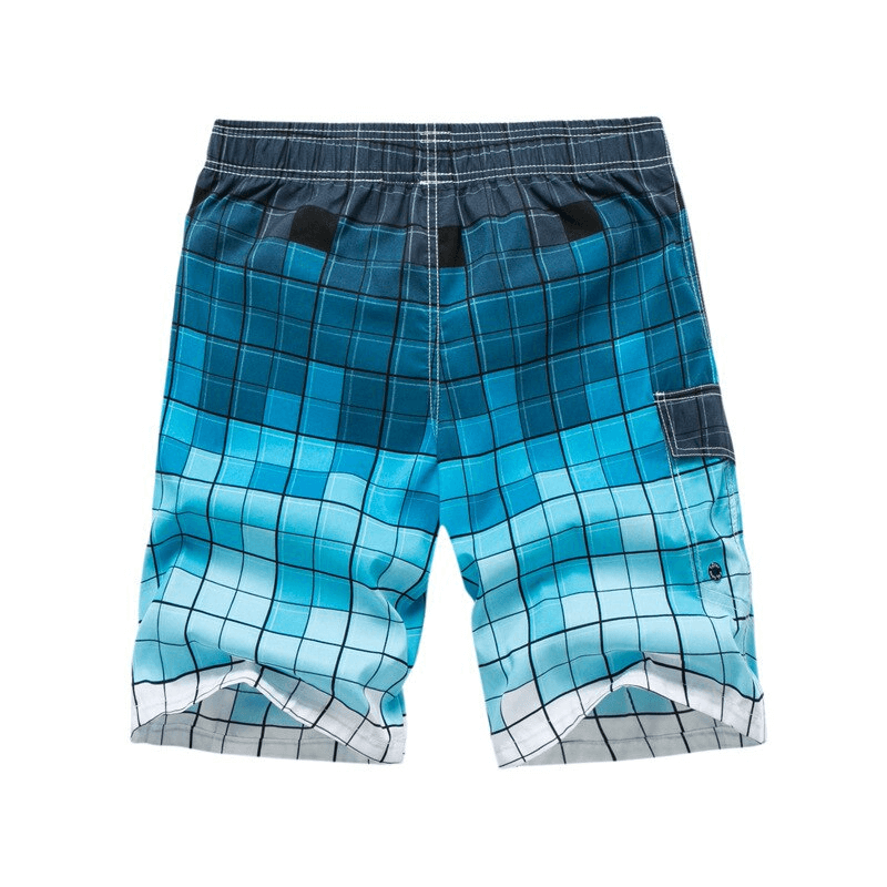 Men's quick dry swimming shorts in blue plaid with side pocket, perfect for beach activities. Lightweight polyester material.