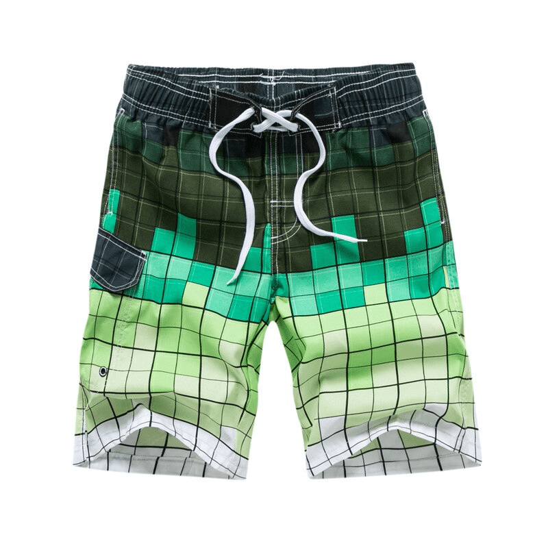 Green plaid men's quick dry beach shorts with side pocket, perfect for summer activities.