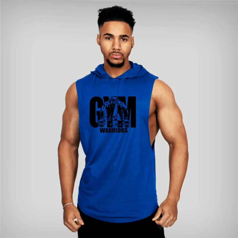 Men's bodybuilding hooded cotton tank top in blue with "Gym Warriors" print, perfect for workouts and sportswear.