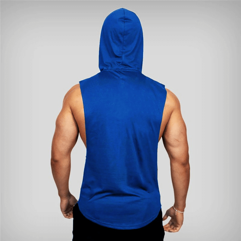 Men's blue bodybuilding hooded cotton tank top for gym workouts or sports, shown from the back with a snug fit.