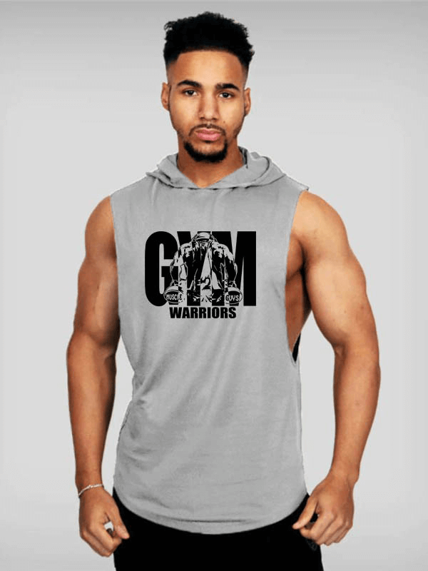 Men's grey hooded bodybuilding tank top with bold 'GYM WARRIORS' print, perfect for intense workouts and sports activities.
