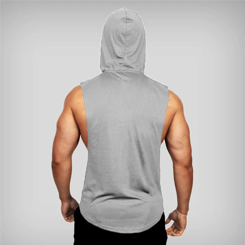 Back of men's bodybuilding hooded cotton tank top in gray, ideal for high-intensity gym workouts and sports. Model shows sleeveless design.