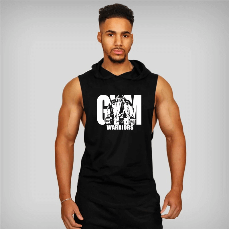 Black men's bodybuilding hooded cotton tank top with 'Gym Warriors' print, ideal for gym workouts and sports. Model wearing the stylish top.