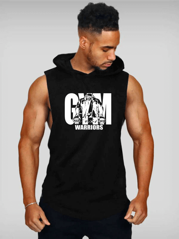 Men's bodybuilding hooded cotton tank top with gym warrior print, perfect for workouts and sports, in classic black.