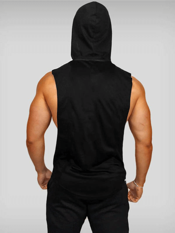 Black men's bodybuilding hooded cotton tank top for workouts, showcasing back view with snug fit ideal for gym and sports activities.