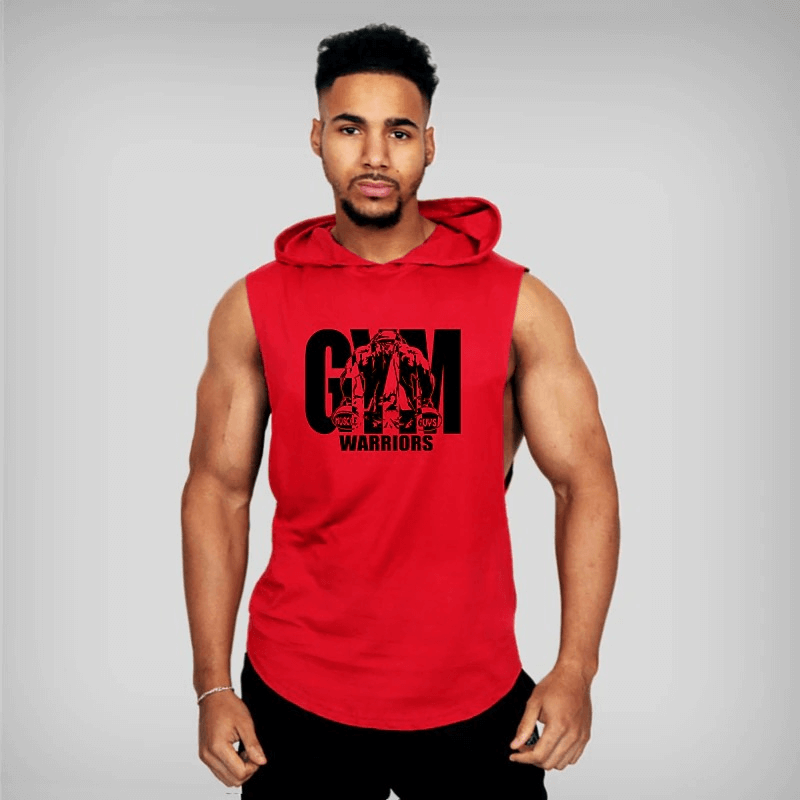 Men's bodybuilding hooded cotton tank top in red with 'Gym Warriors' print, perfect for intense workouts and sports.