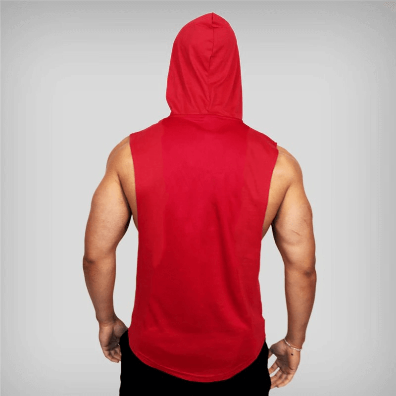 Back view of a red men's bodybuilding hooded cotton tank top, perfect for weight lifting, gym workouts, and high-intensity sports.
