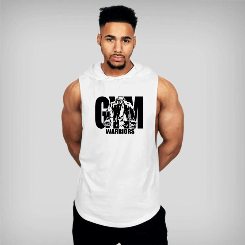 Man wearing men's bodybuilding hooded cotton tank top with 'Gym Warriors' print, ideal for workouts. White color. Model front view.