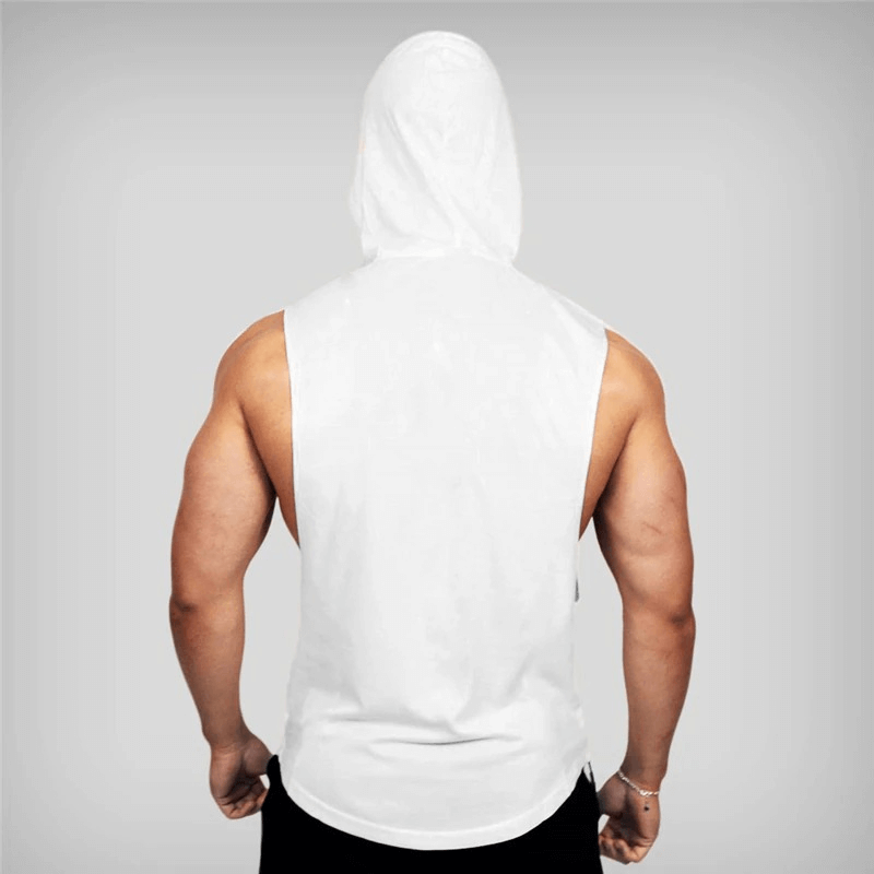 Back view of a men's white hooded cotton tank top ideal for bodybuilding and workouts.