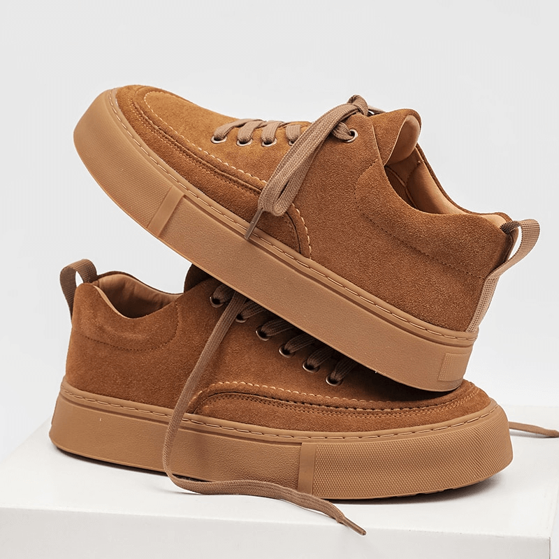 Men's Breathable Casual Leather Sneakers - SF0973, stylish brown shoes with rubber soles and breathable insoles for all-day comfort.