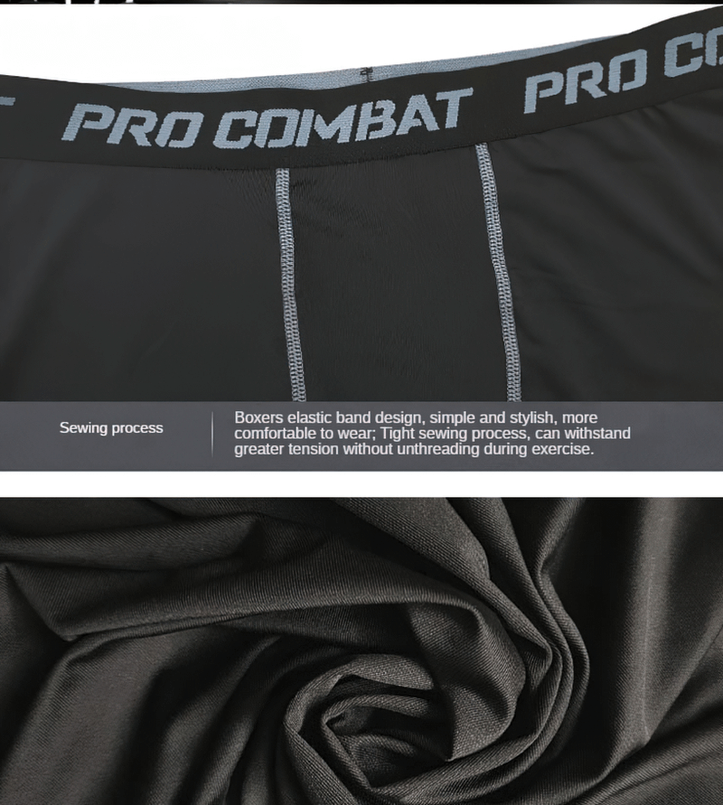 Close-up of black men's breathable compression capri pants with 'Pro Combat' waistband, showcasing durable stitching and fabric texture.