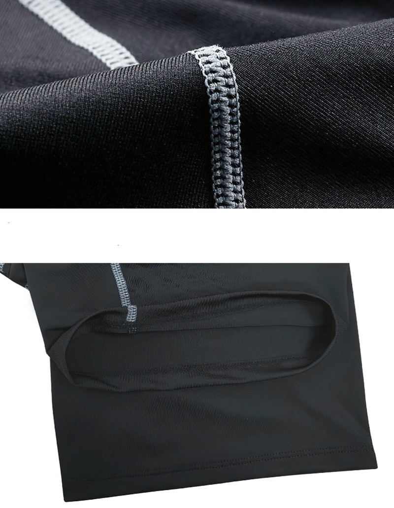 Close-up of Men's Breathable Compression Capri Pants in black with silver stitching, highlighting fabric texture and design details.