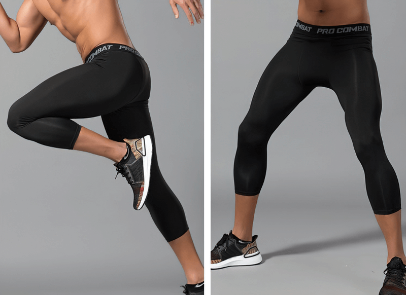 Men's breathable compression capri pants, ideal for gym workouts, showcasing flexible, supportive fit in black, style SF0890.